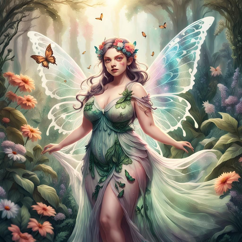 Curvy Fairy with Butterfly Wings in Fantasy Landscape