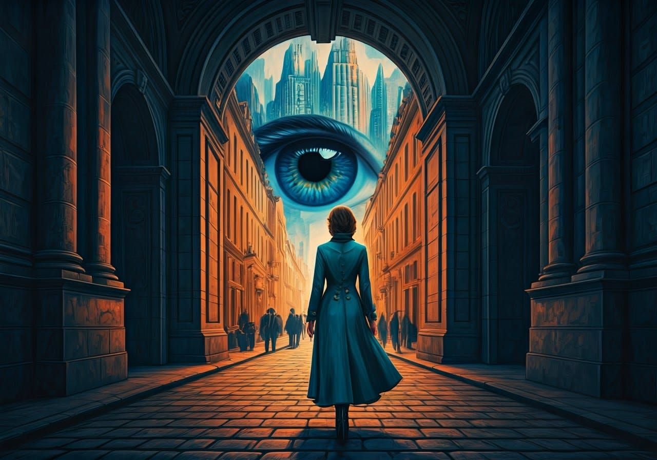 Surreal Cityscape with Grand Archway and Vibrant Urban Lands...