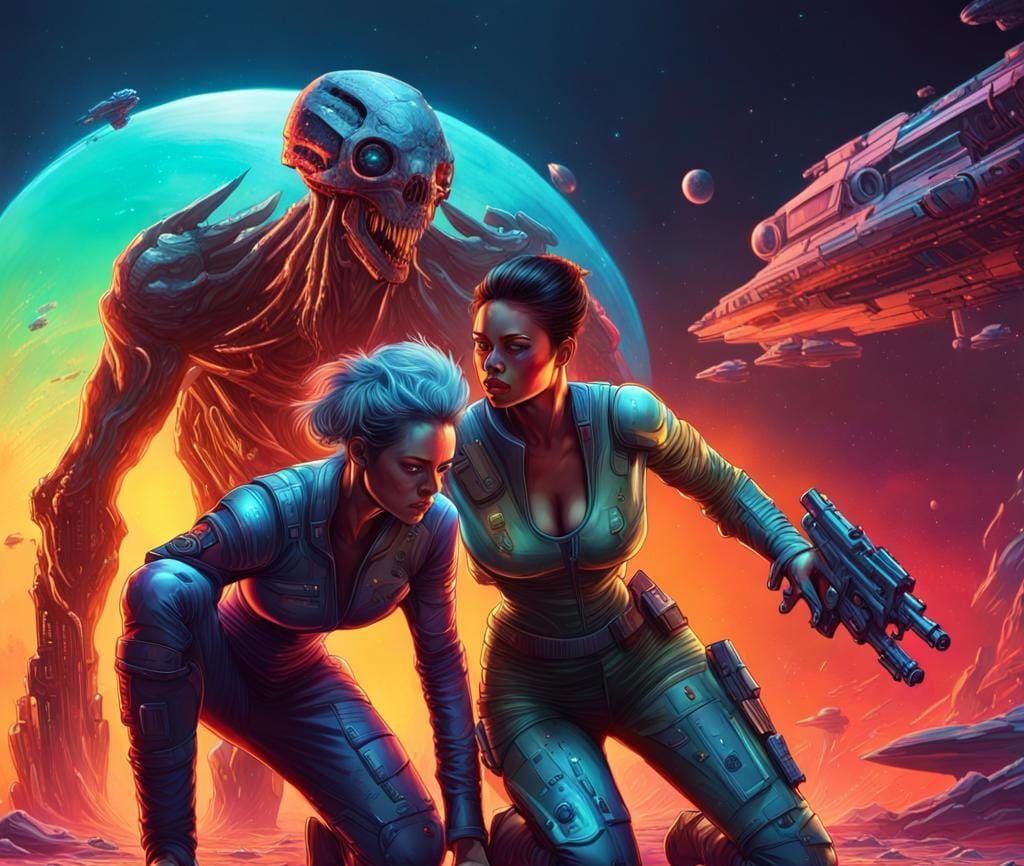 Futuristic Space Woman Defending Ship