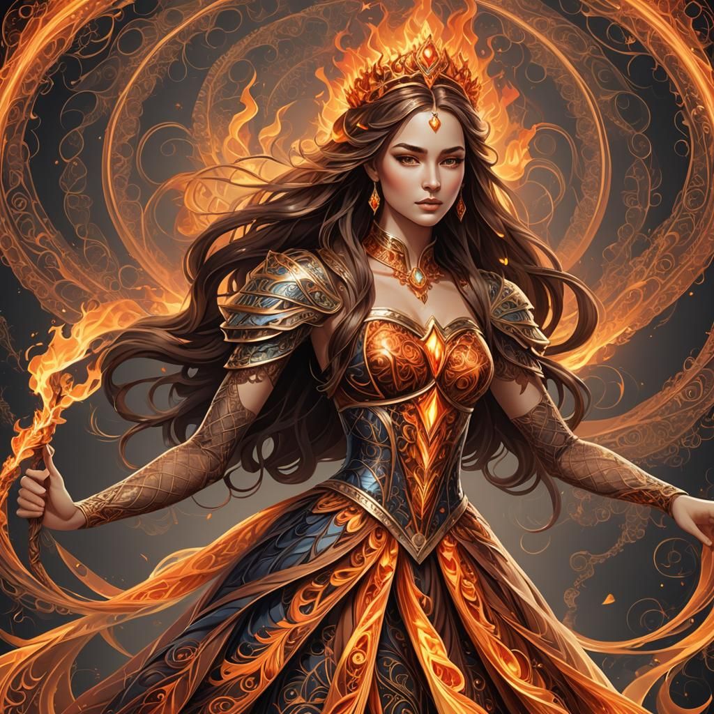 Fiery Princess with Braided Hair, Abstract Render