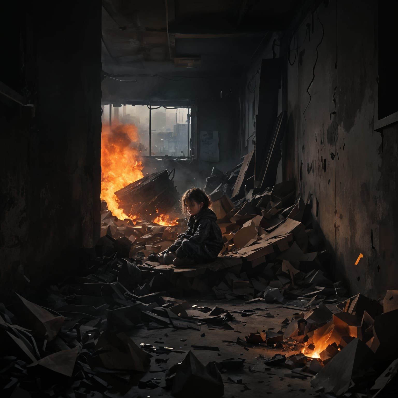 Dystopian Girl Hiding in Fear