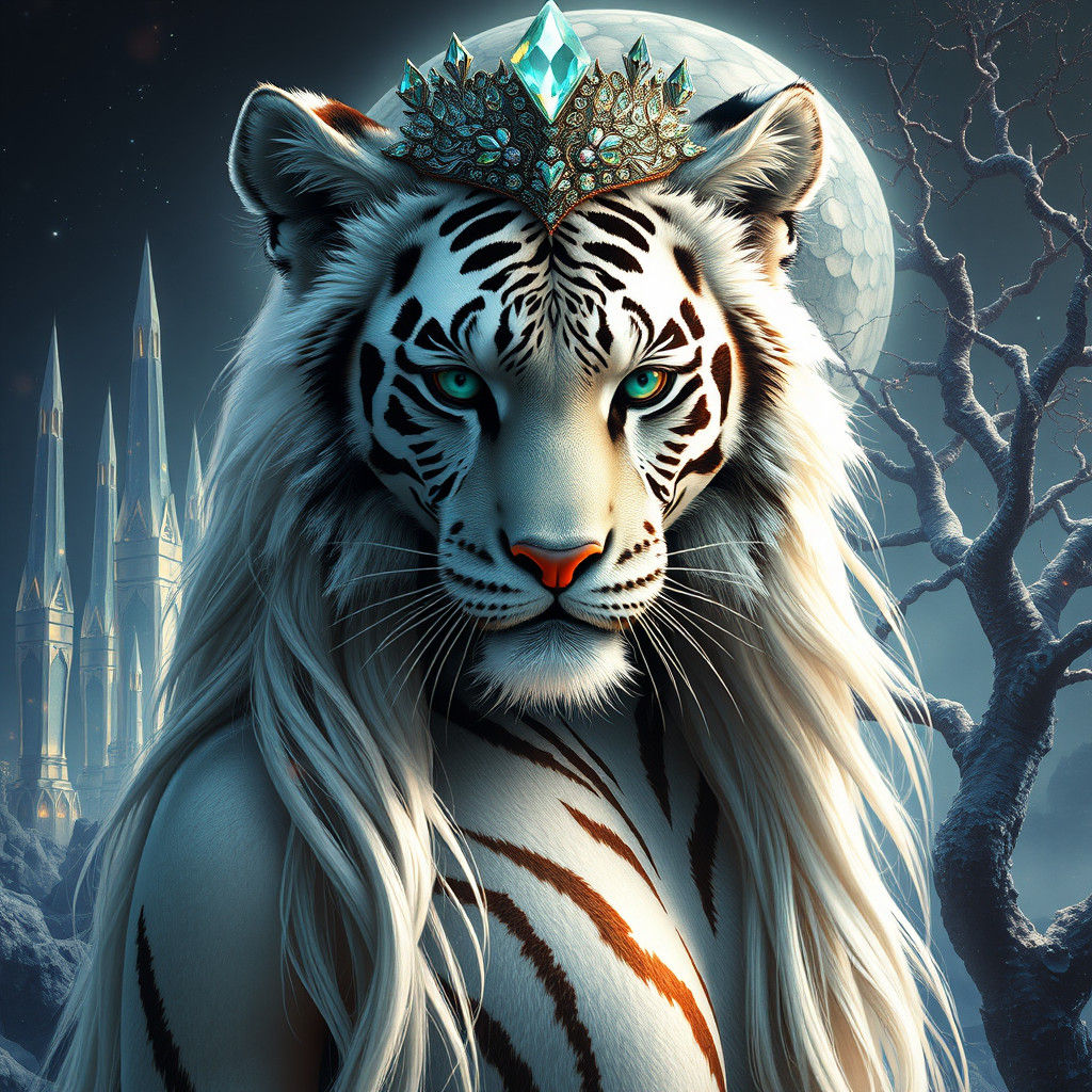 Regal Half-Human White Tiger Woman in Mystical Realm