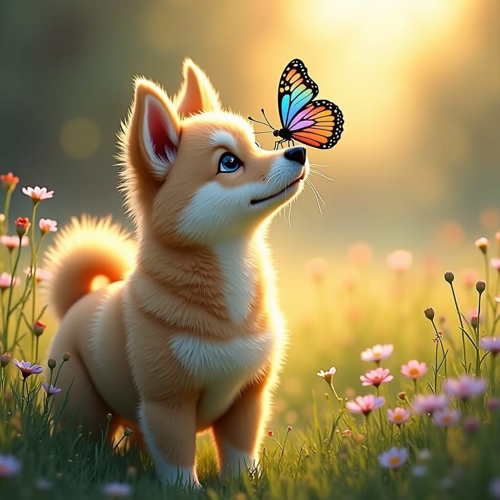 Dog with Butterfly in Dreamlike Meadow, Fantasy Art