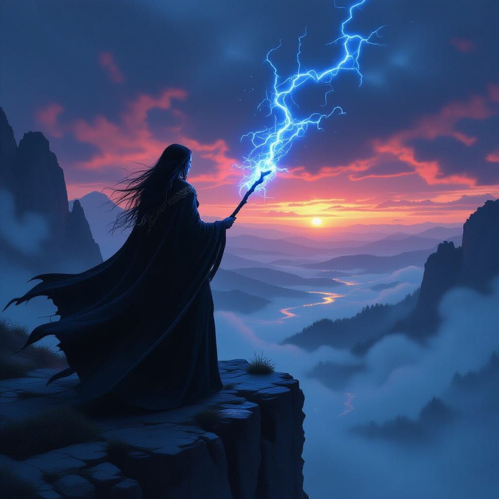 Sorceress on Cliff at Twilight in Matte-Painted Style