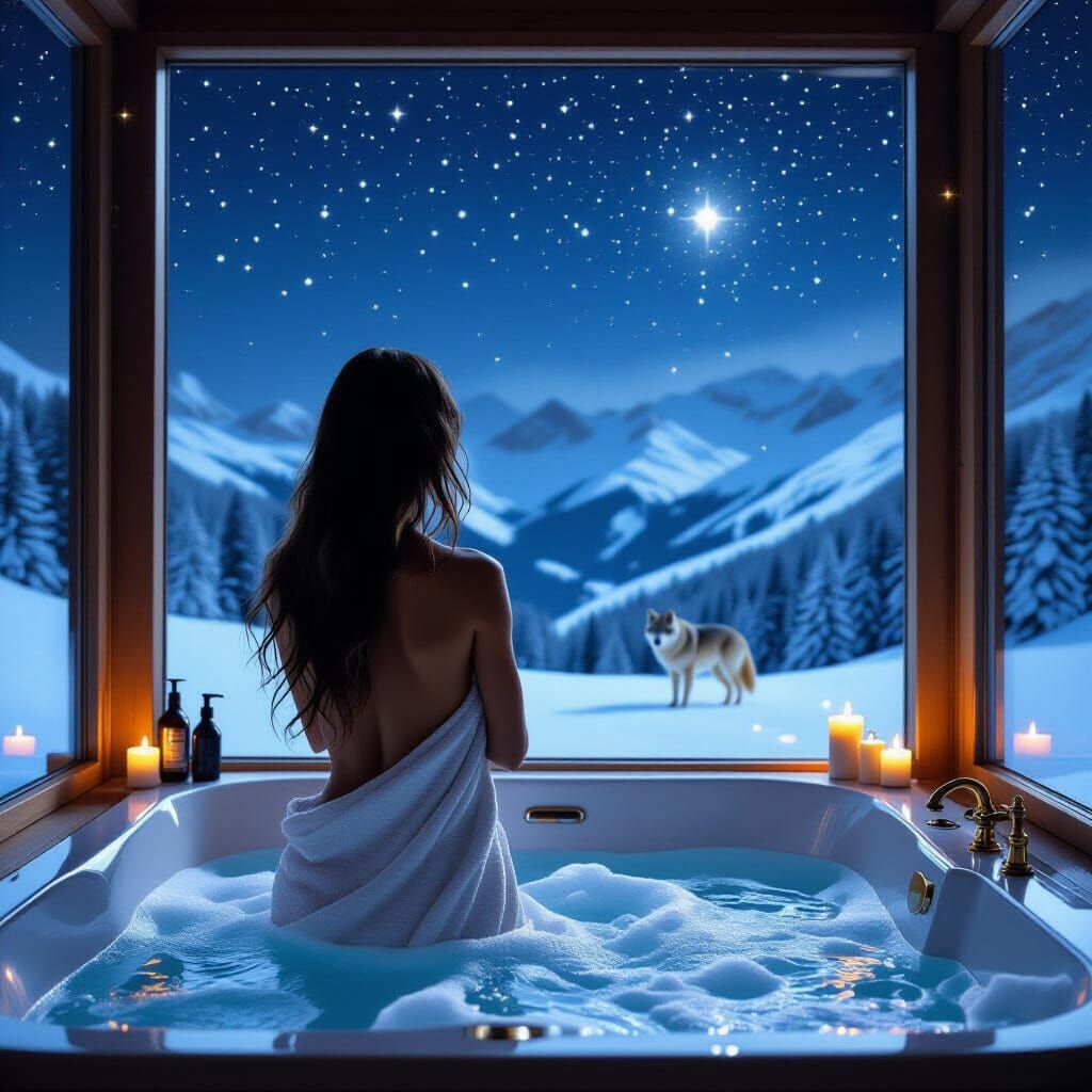 Woman, Wolf, and Snowy Night in Art Nouveau Style