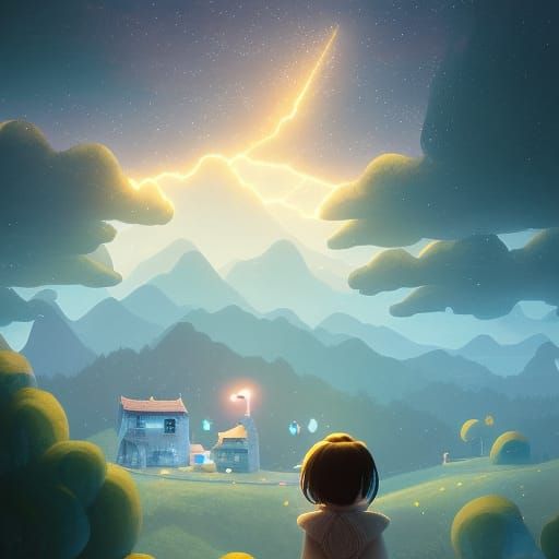 Magic Mountainscape at Starry Night: Digital Illustration