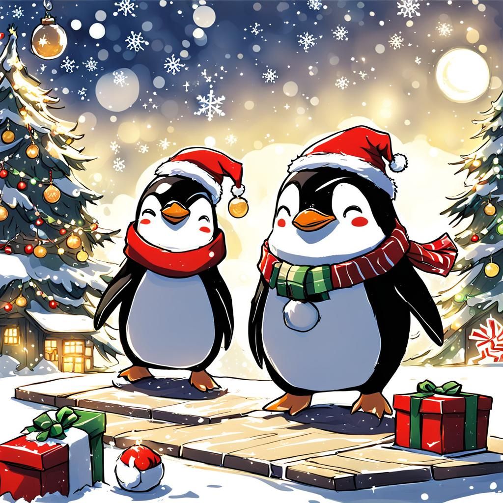 Penguins Celebrate Christmas in Anime Style