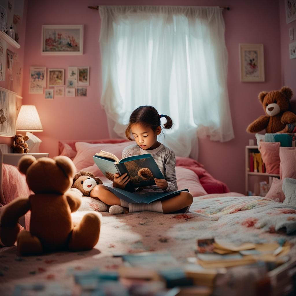 Girl Reading with Teddy Bear: Cinematic Film Still