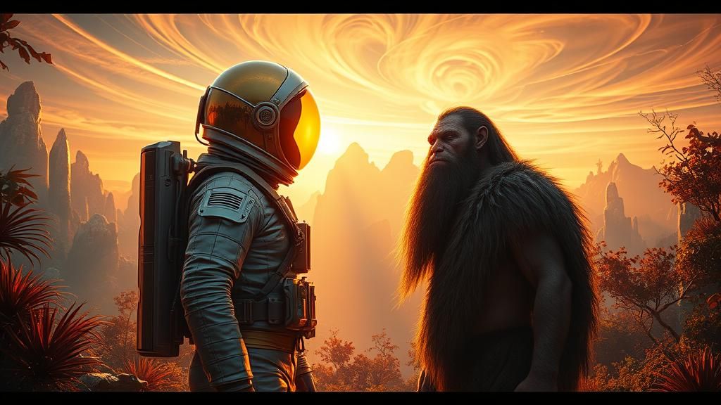 Astronaut Meets Neanderthal in Sci-Fi Dreamscape