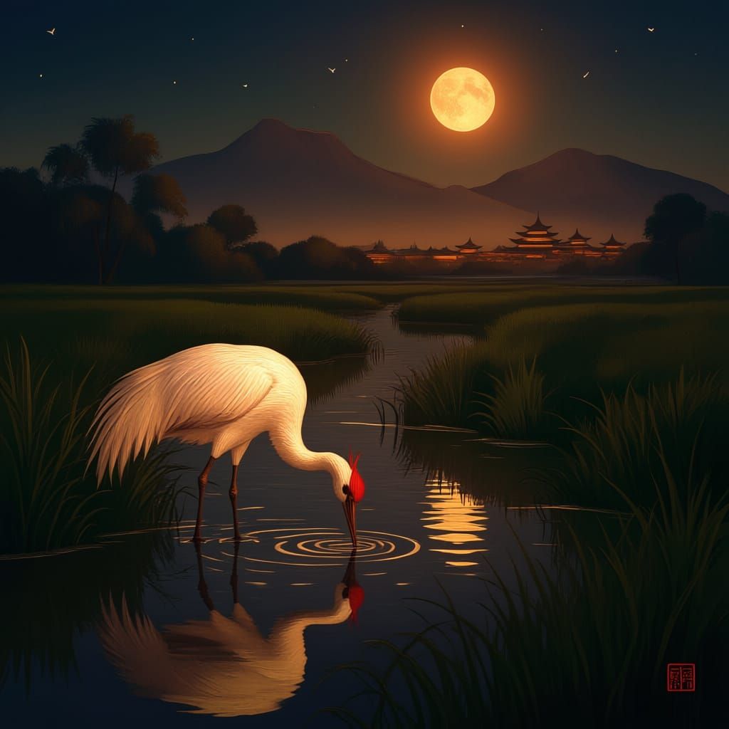 White Crane Drinks From Stream At Night In China