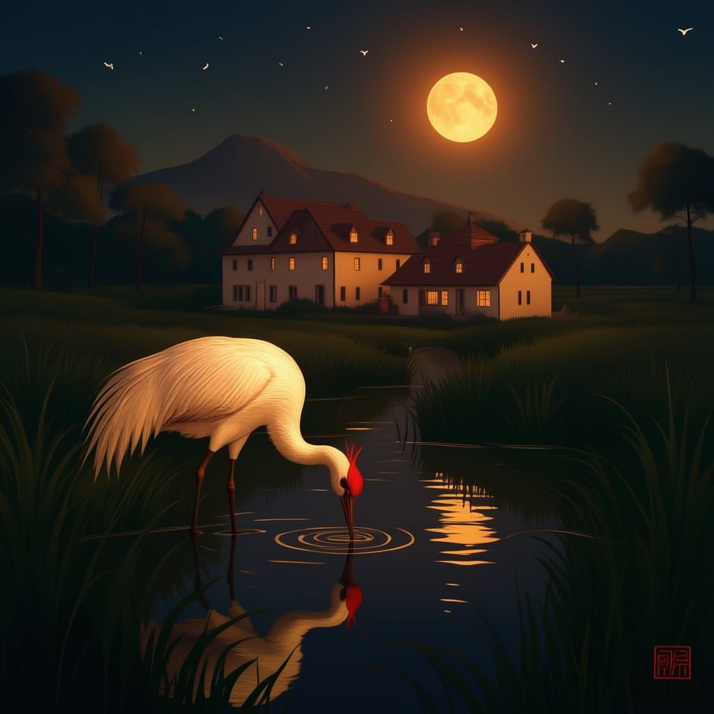 White Crane Drinks From Stream At Night