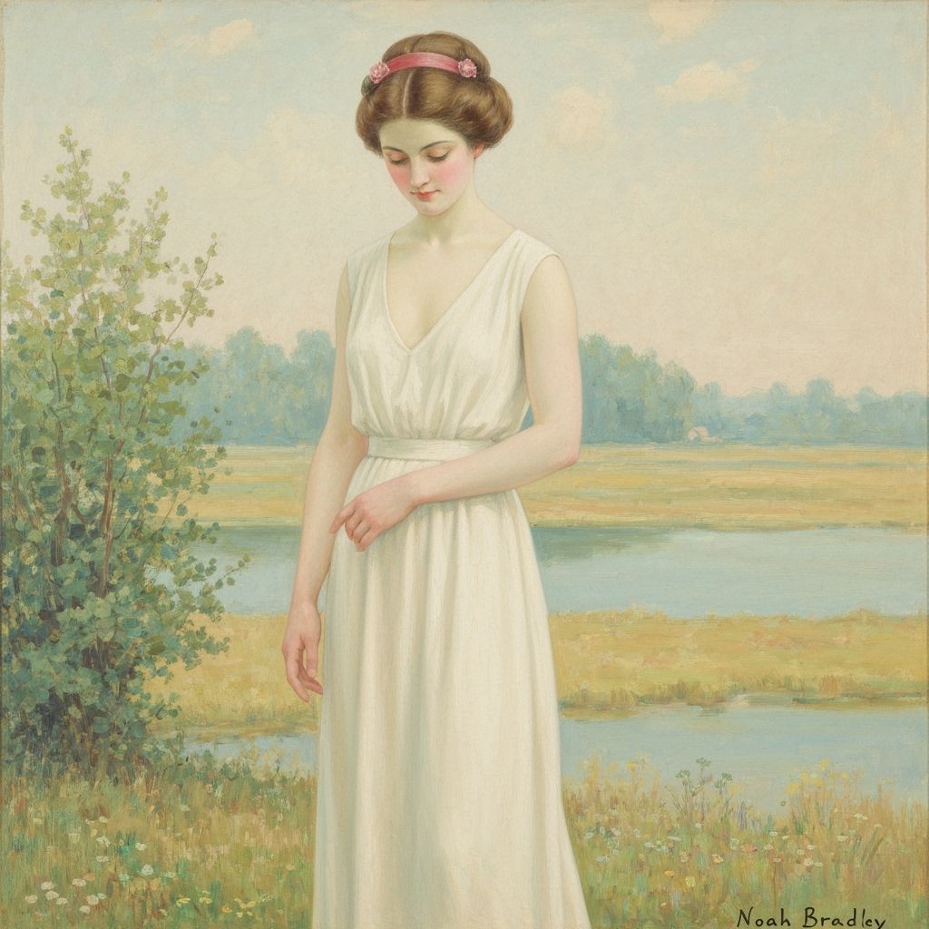 Elegant Woman in Tranquil Landscape, Art Nouveau Style