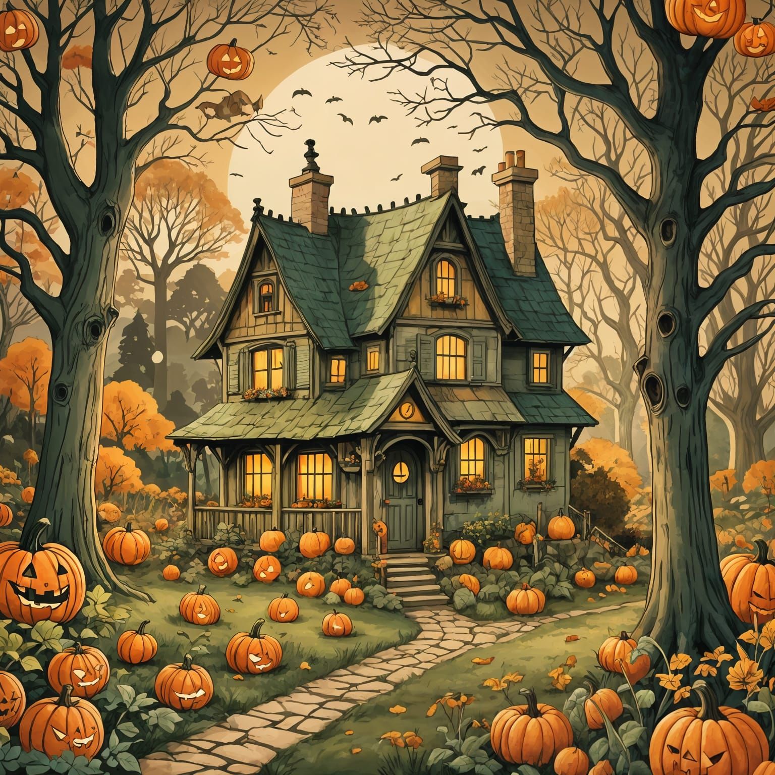 Halloween Cottage in Storybook Forest Illustration