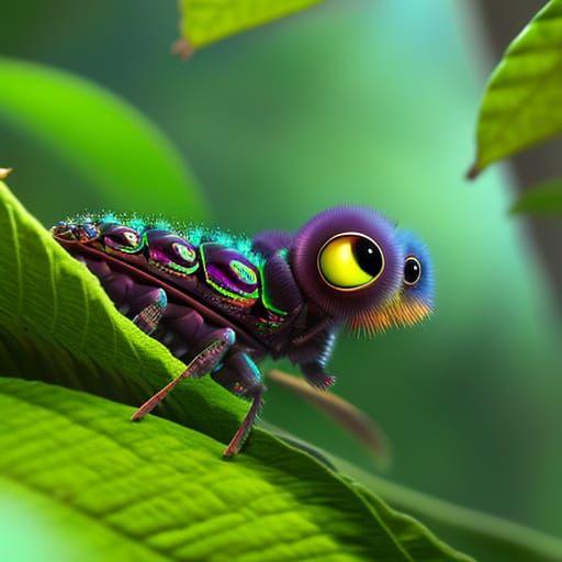 Colourful Big-Eyed Cartoon Caterpillar on a Leaf