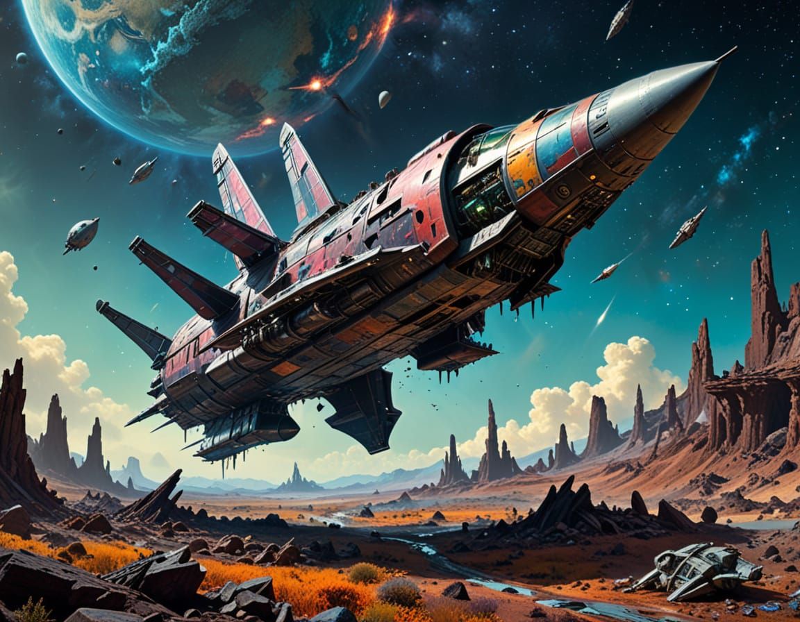 Photorealistic Junker Spaceship in Surreal Galactic Landscap...
