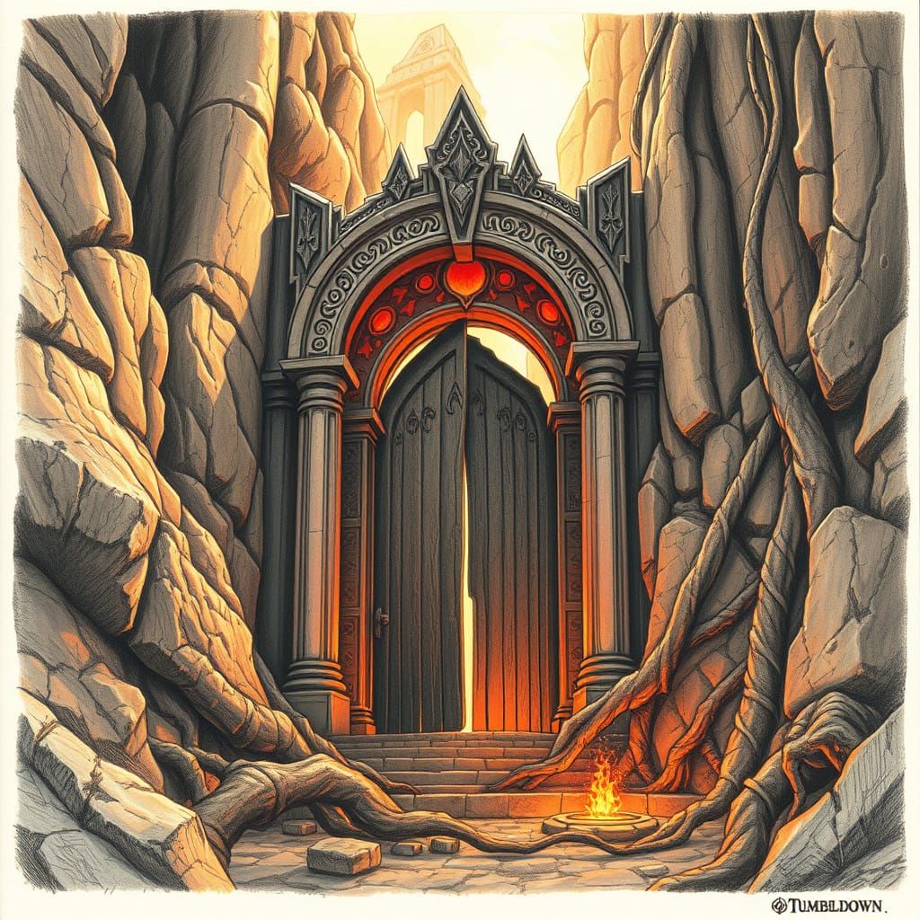 Ancient Gateway in Whimsical Pencil Art