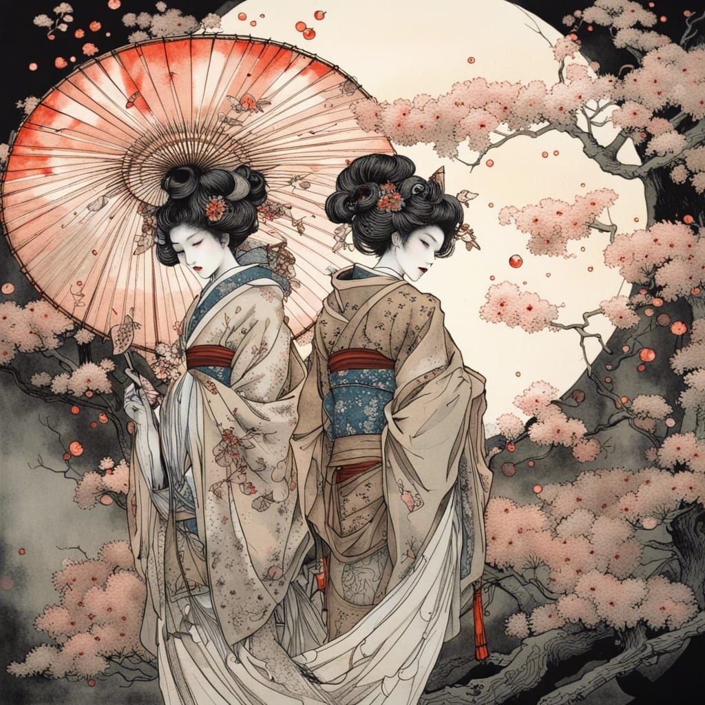 Geishas Under Moonlit Blossoms: Intricate Japanese Lithograp...