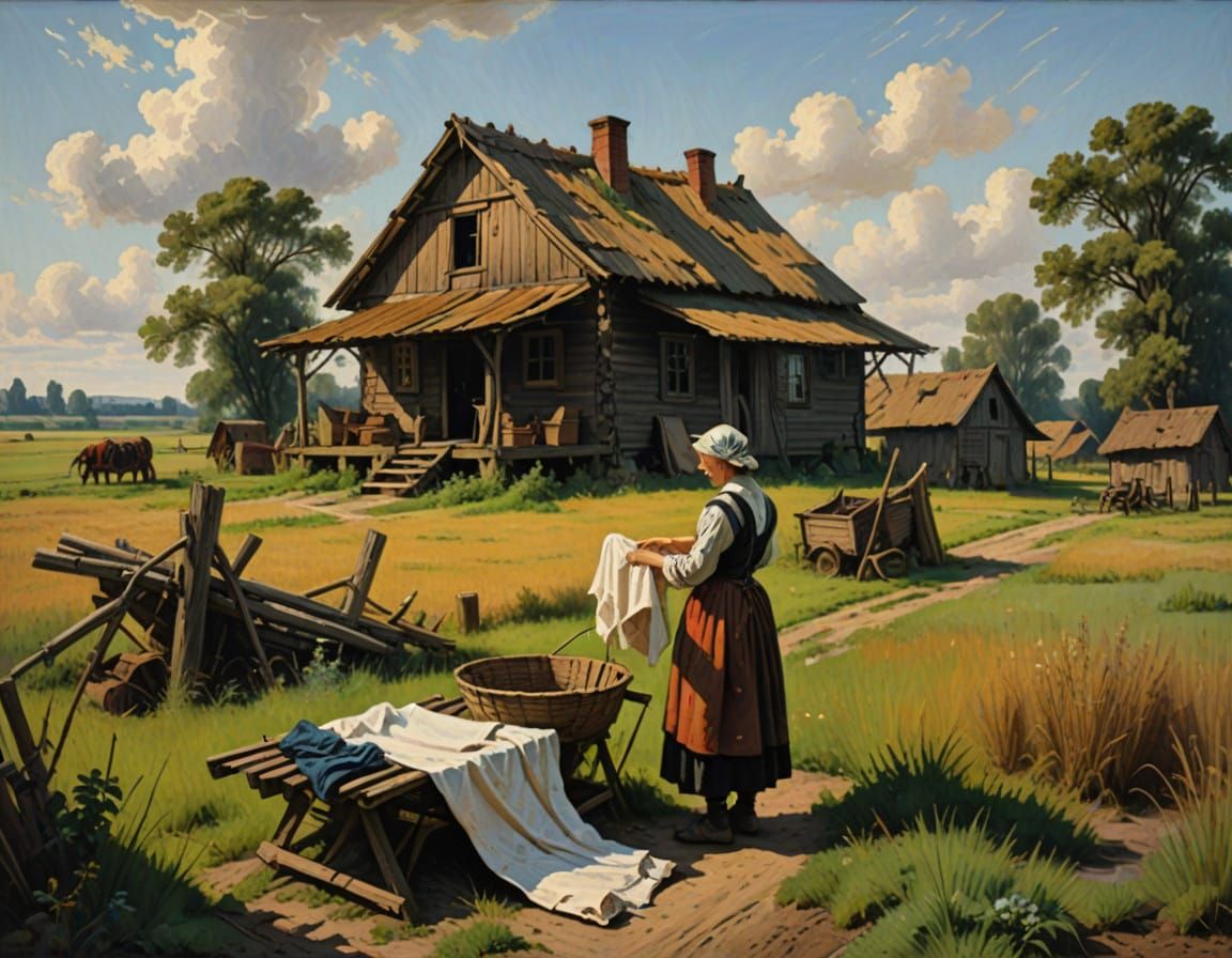 Dutch Maiden Launders Linens in Sunlit Meadow