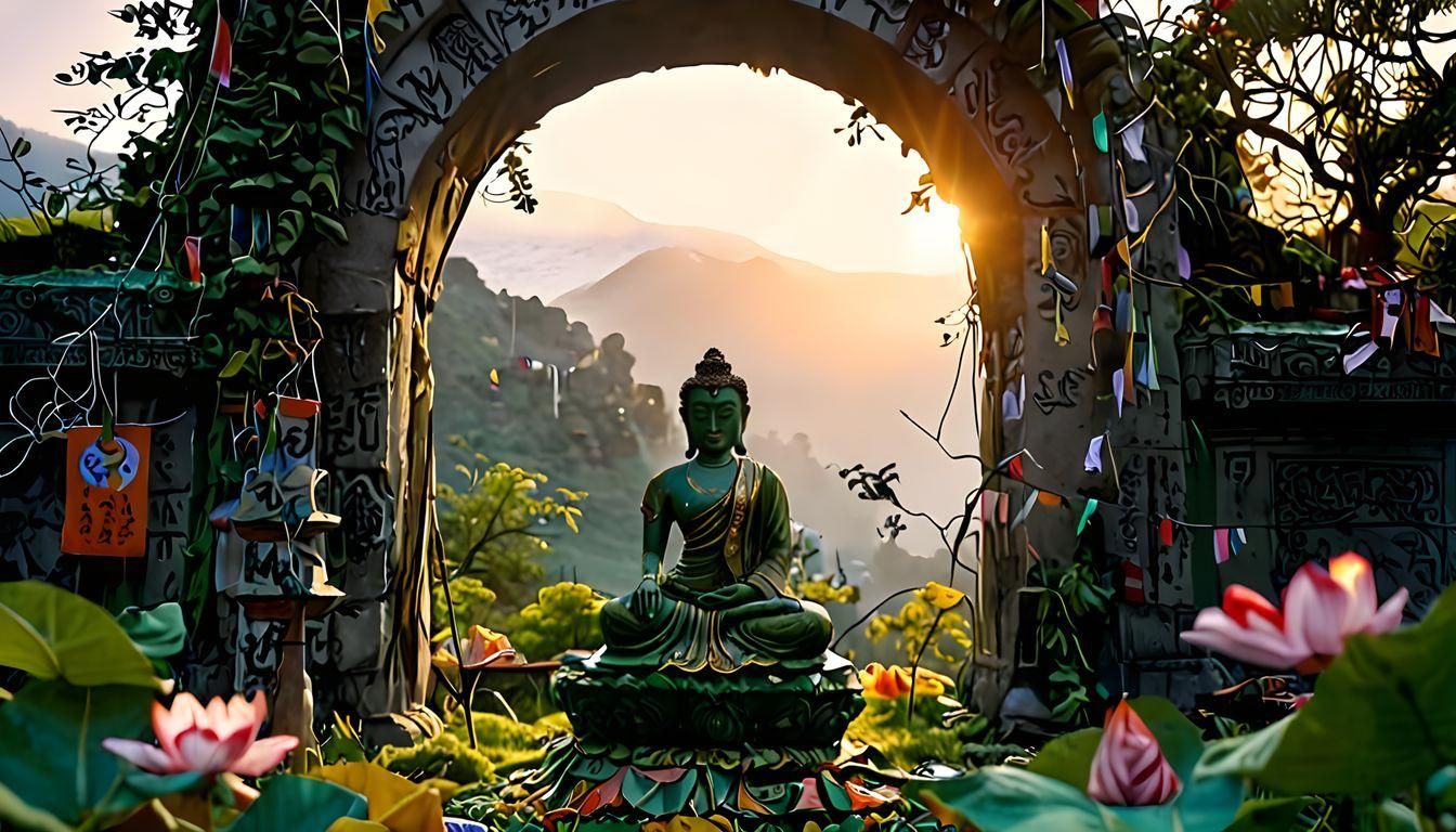 Green Tara Statue with Mountain Backdrop