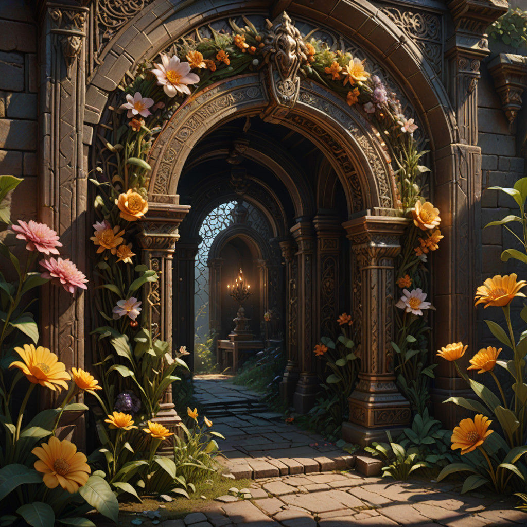 Mystical Portal Surrounded by Antique Floral Carvings in Gol...