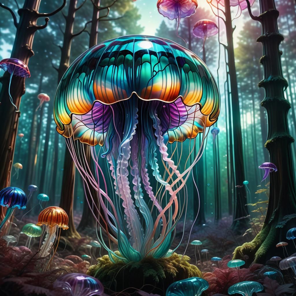 Stained Glass Jellyfish Forest: Hyperrealistic Digital Art