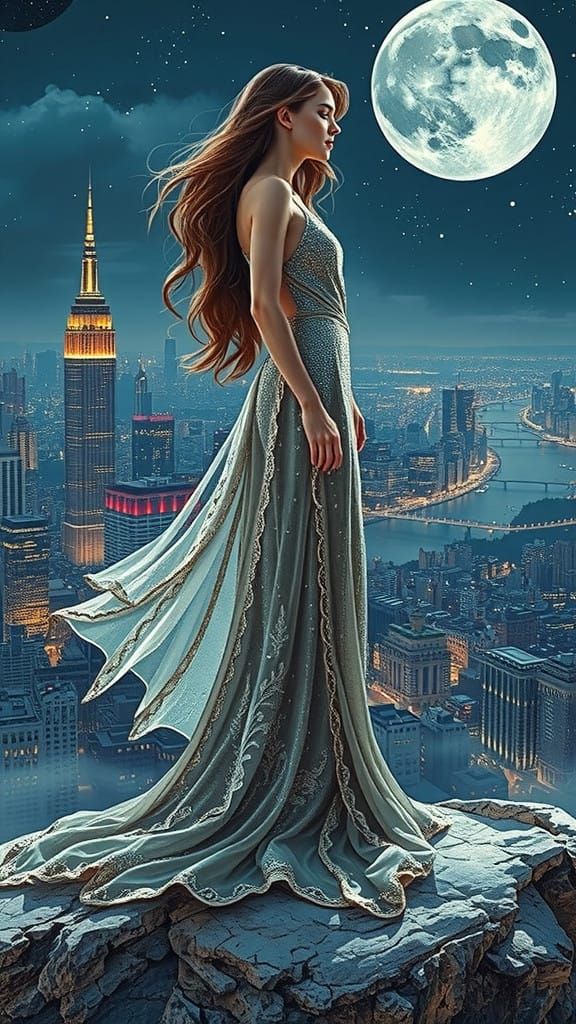 Ethereal Goddess Silhouetted Against Starry Night Cityscape