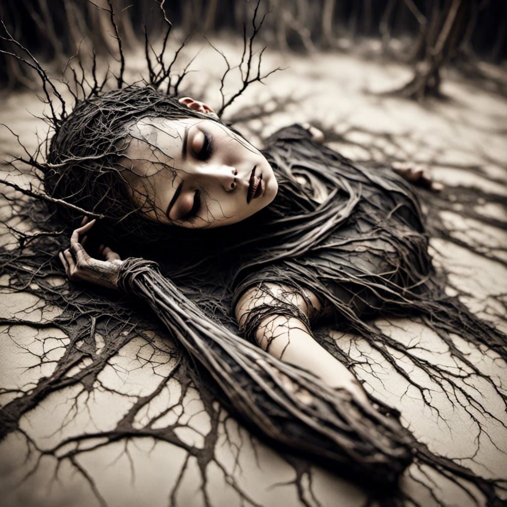 Dead Asian Cyborg in Post-Apocalyptic Cityscape