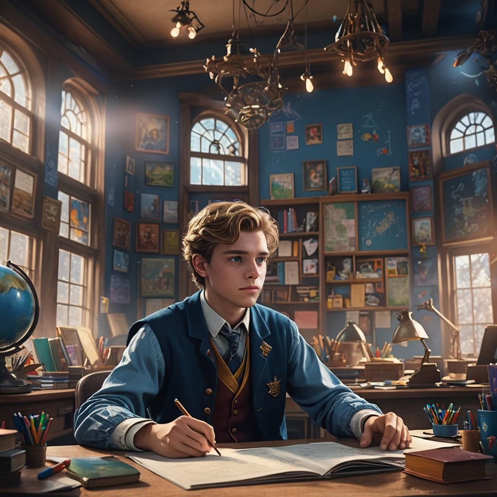 Attentive Student in Fantasy Classroom, Detailed Matte Paint...