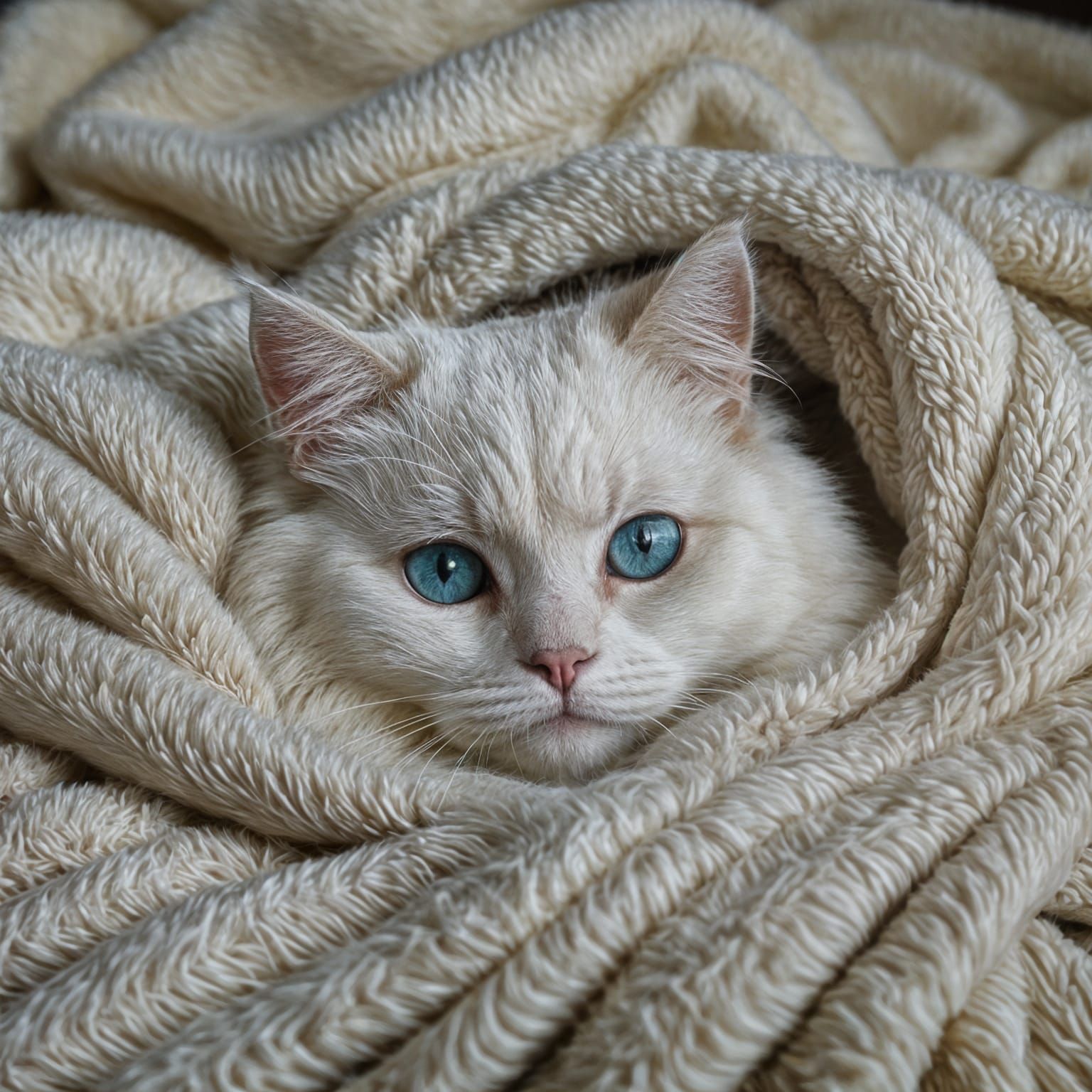 Cozy Ragdoll Cat in Knitted Blanket Nest