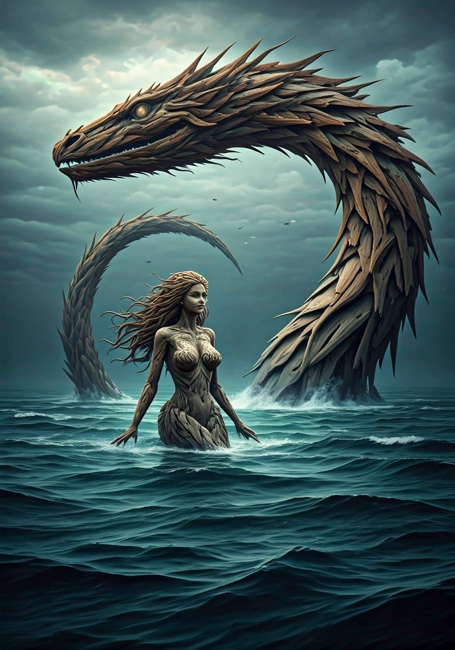 Driftwood Mermaid and Sea Serpent Sculpture