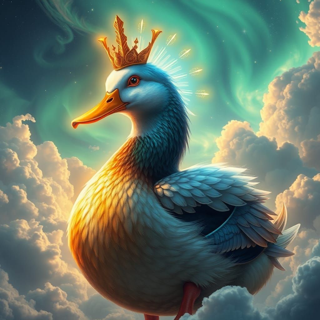 Majestic Divine Duck in Ethereal Aurora Landscape