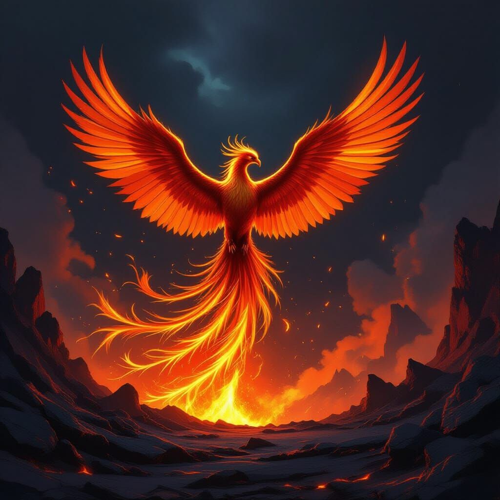 Majestic Phoenix Rises from Volcanic Caldera in Fantasy Art ...