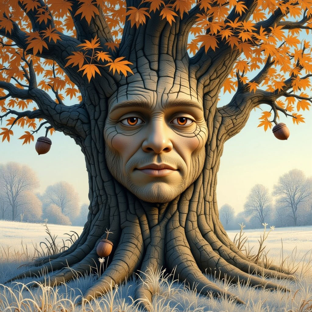 Whimsical Tree Face in Frosty Field