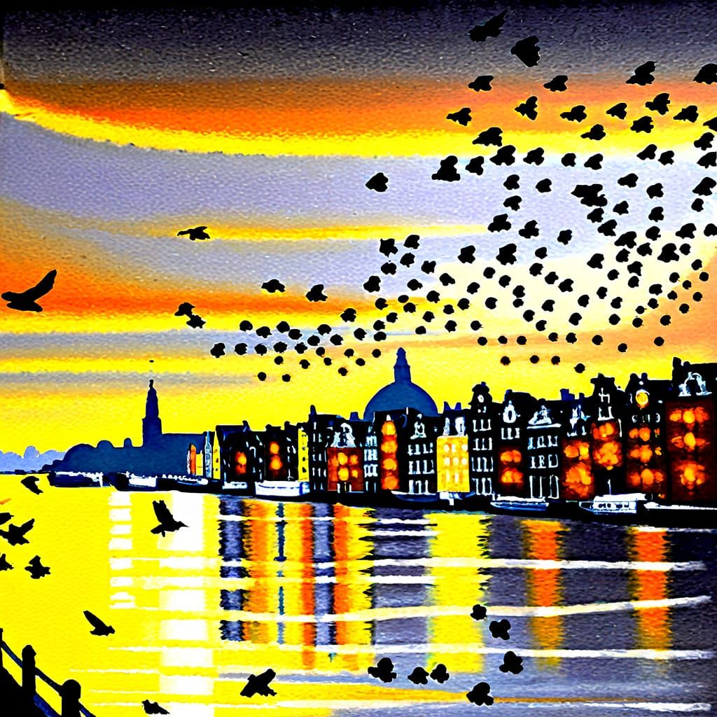 Sparrows over Amsterdam in Kinetic Pointillism Style