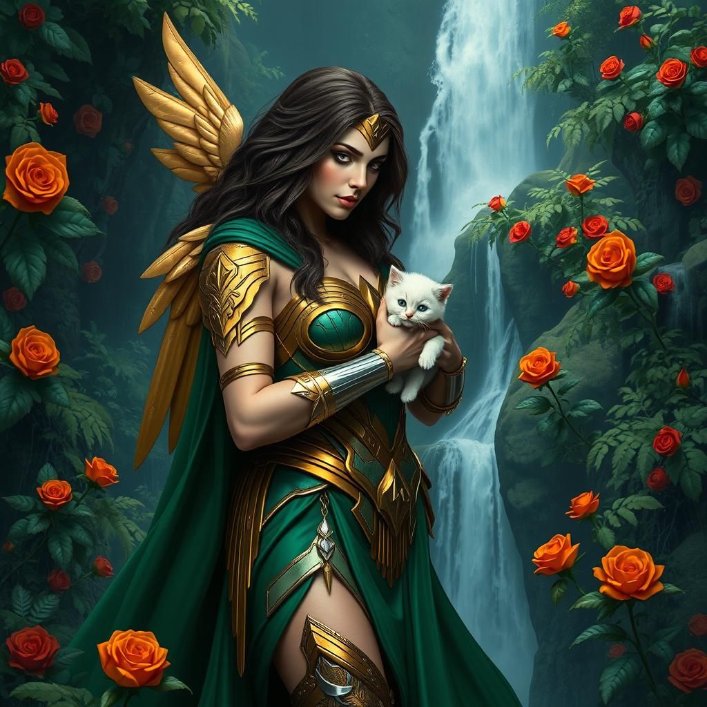 Wonder Woman with Kitten in a Fantasy Rainforest