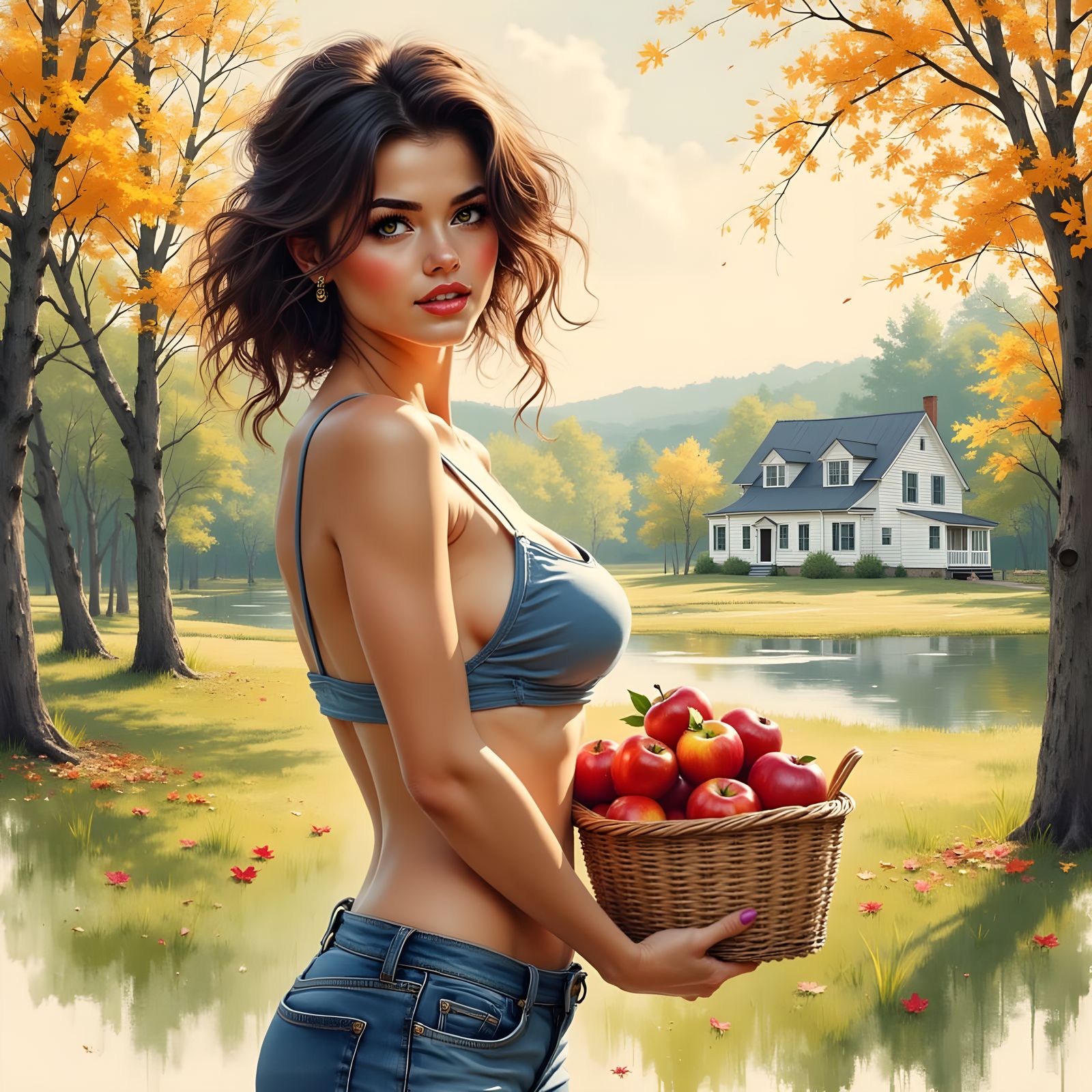 Sensual Autumn Pinup in Sumi-e Style