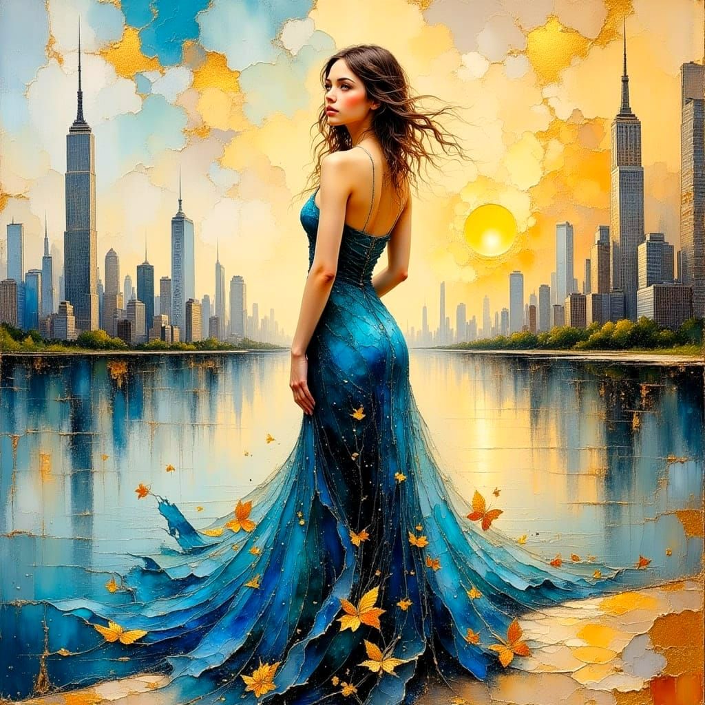 Boho Woman in Cityscape with Alcohol Ink Art