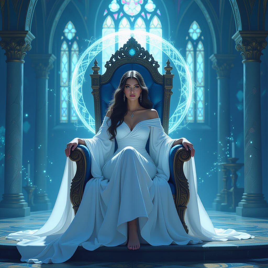 Blue Goddess on Throne in Magical Castle