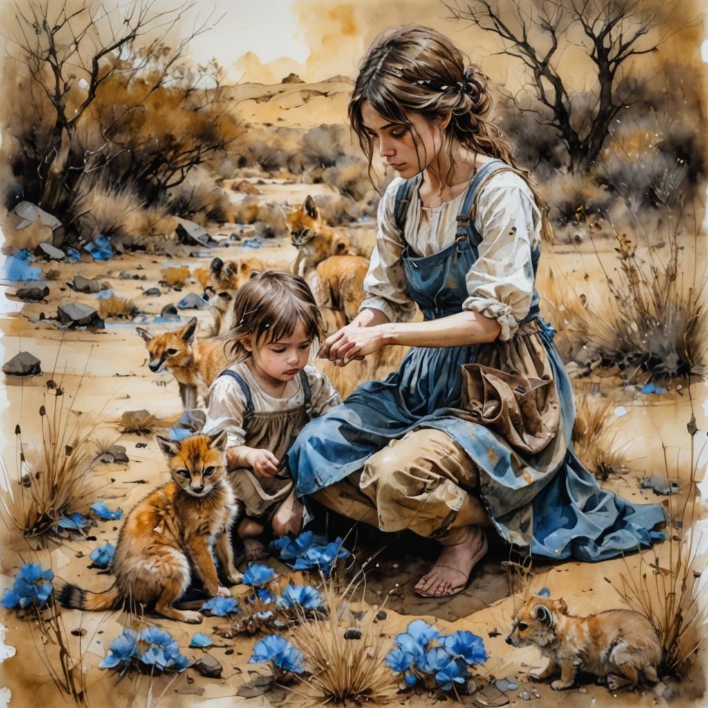 Watercolor Fairytale: Girl with Fawns in Desert Landscape