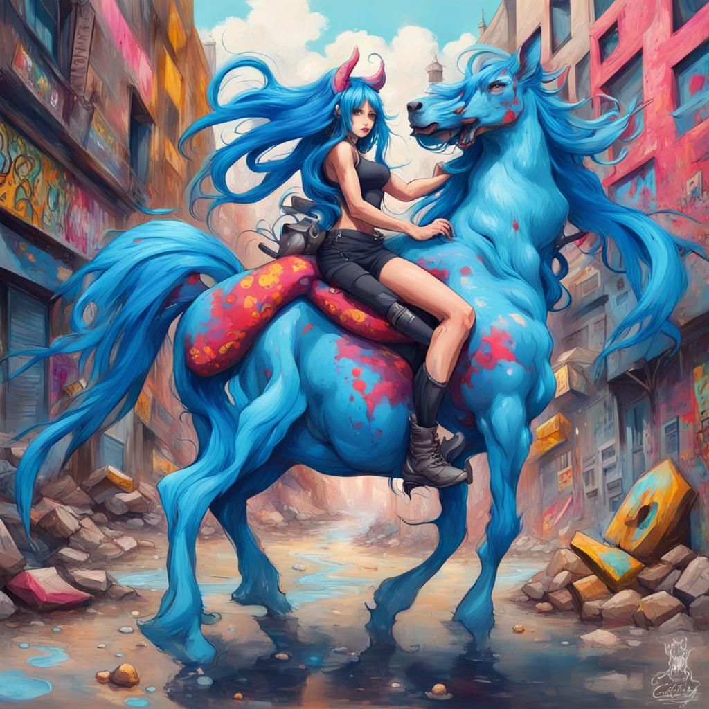 Woman Riding Centaur in Monster World, Graffiti Art