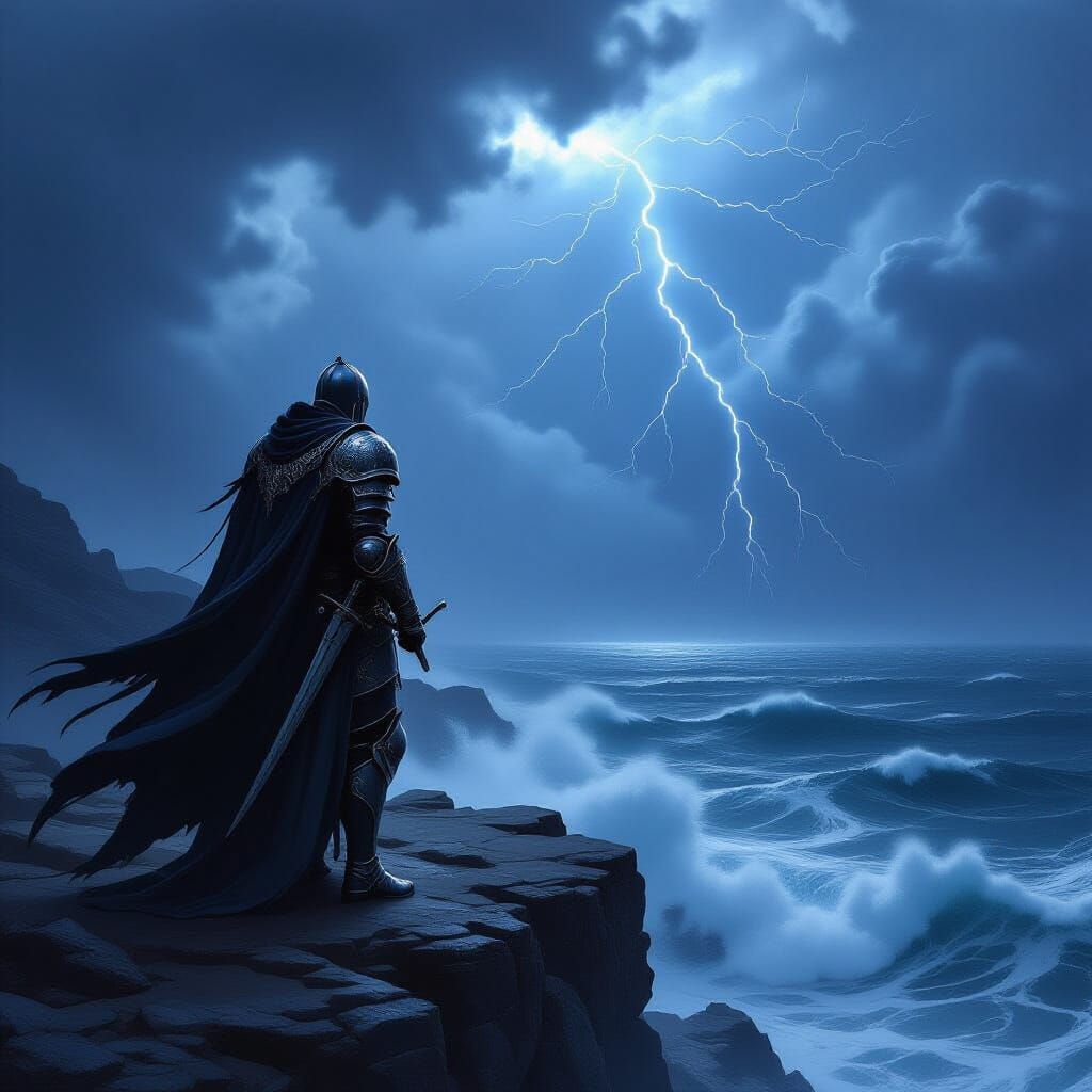 Knight on Windswept Cliff Overlooking Stormy Sea