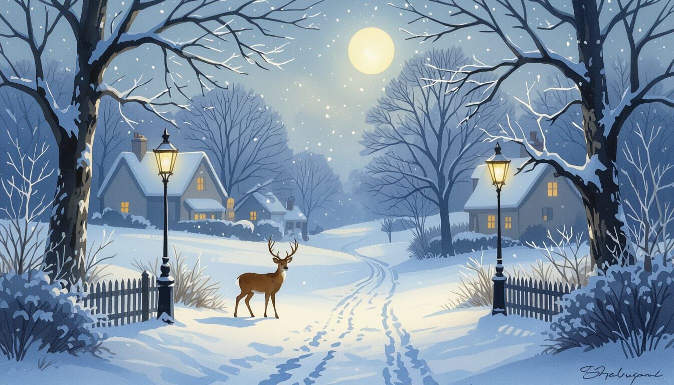 Winter Scene with Mystical Deer in Watercolor Style