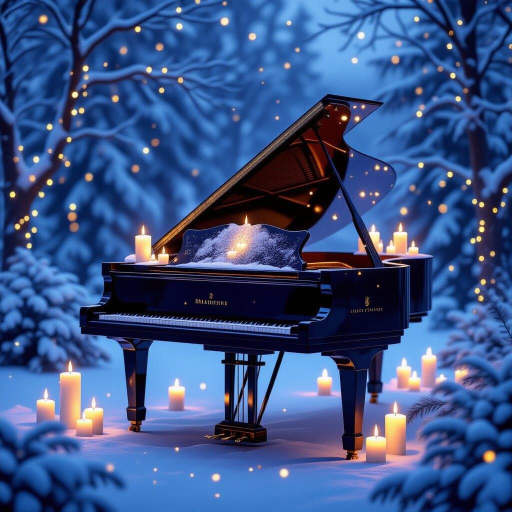 Magical Grand Piano with Candles and Snow, Hyperrealistic Di...