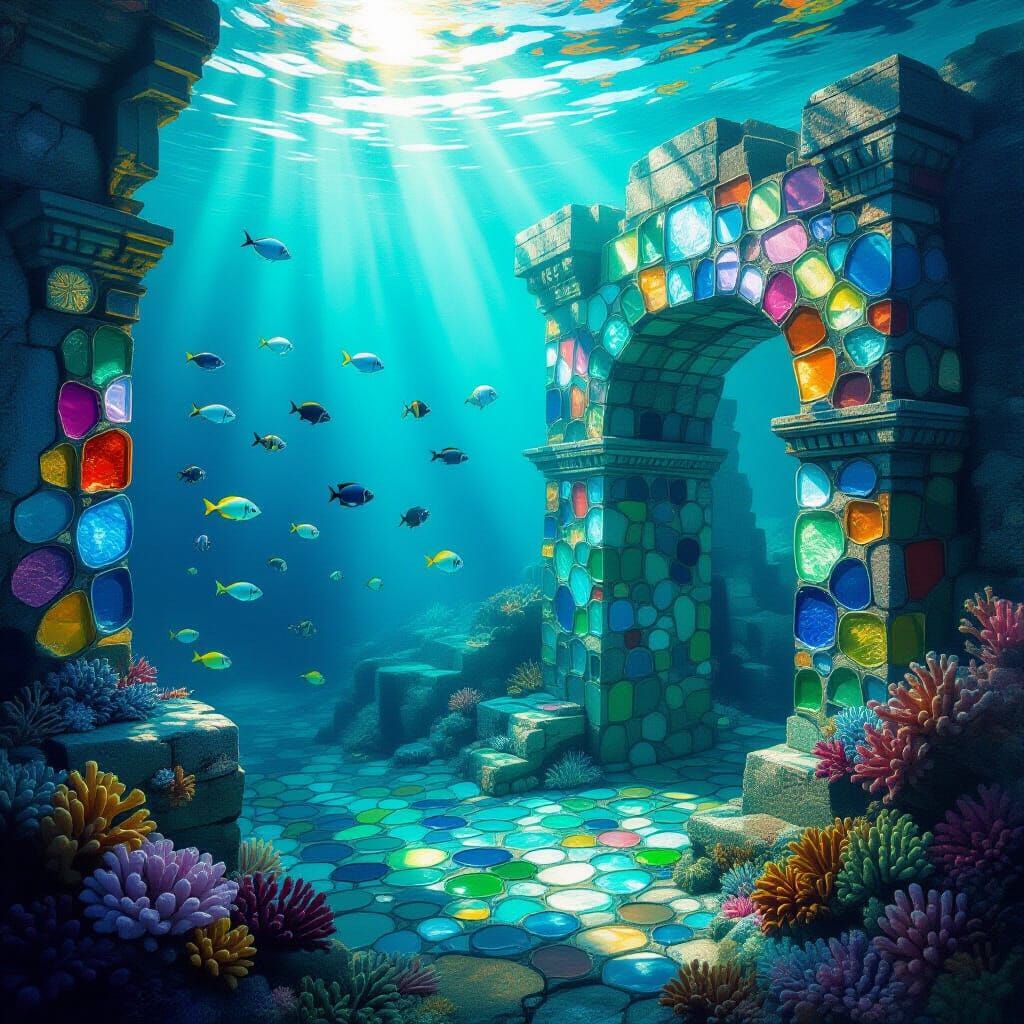 Underwater Ruins Adorned with Sea Glass Mosaic