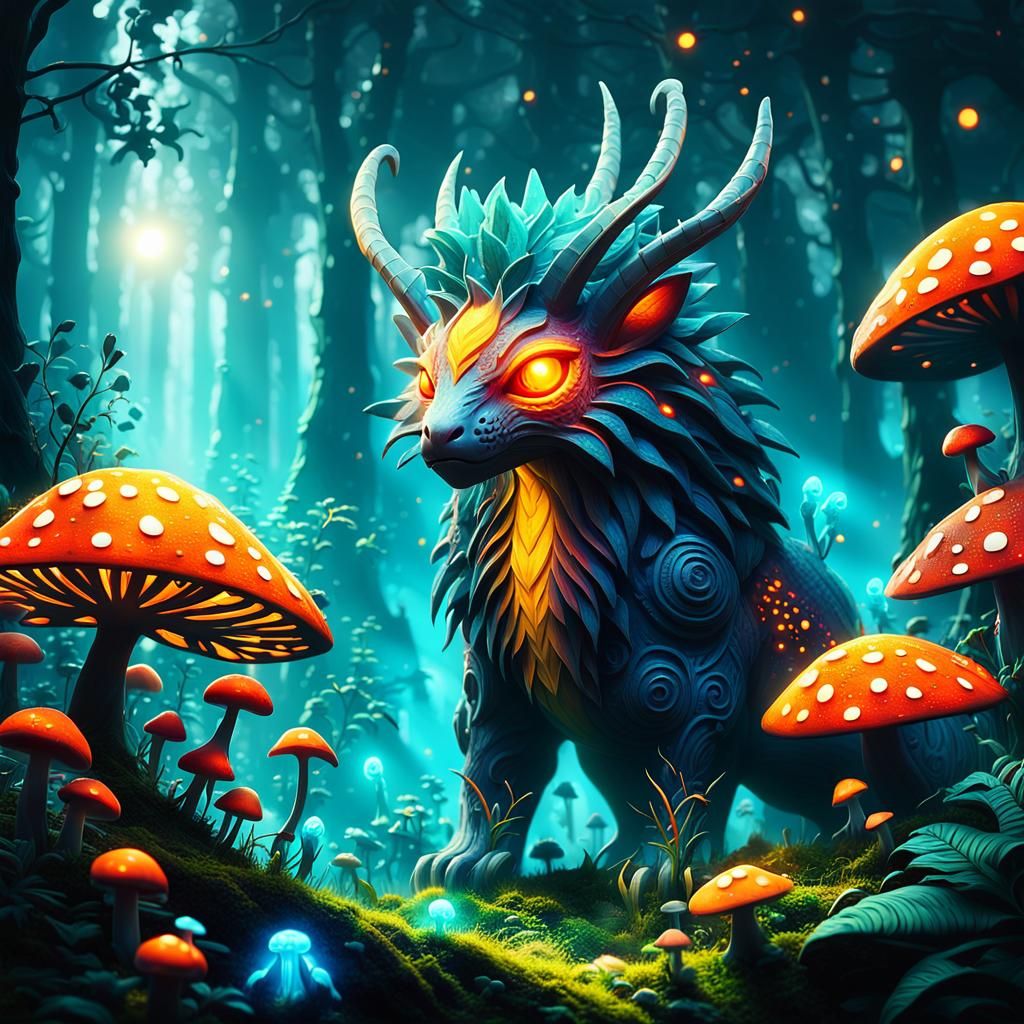 Mythical Pokémon in Lush Fantasy Landscape