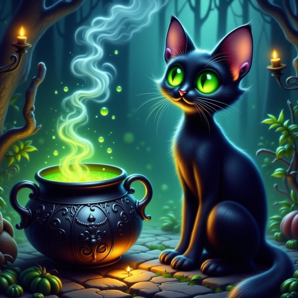 Witch's Black Cat Familiar Beside Bubbling Cauldron