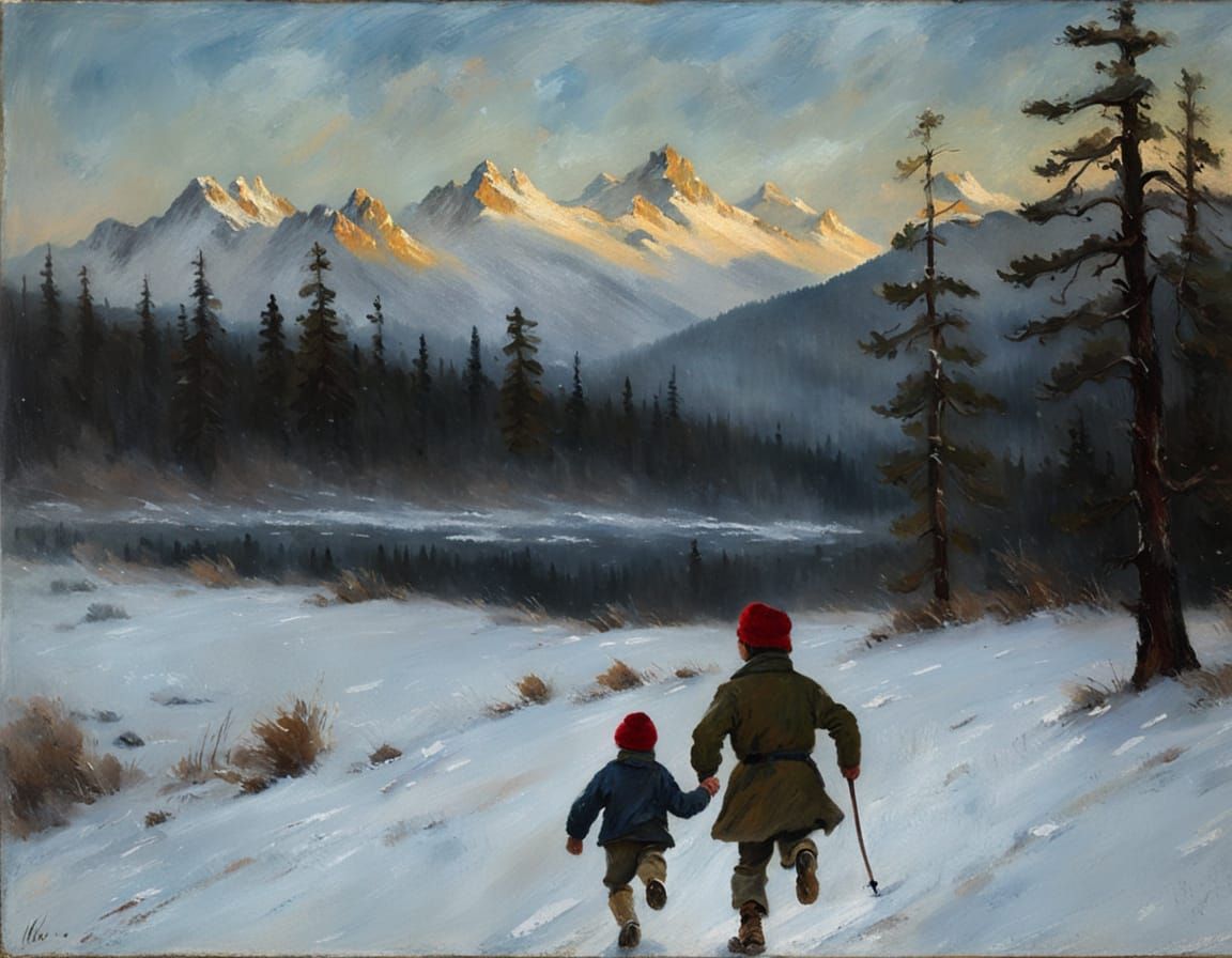 Fleeing Goblin in Winter Landscape, Oil Painting