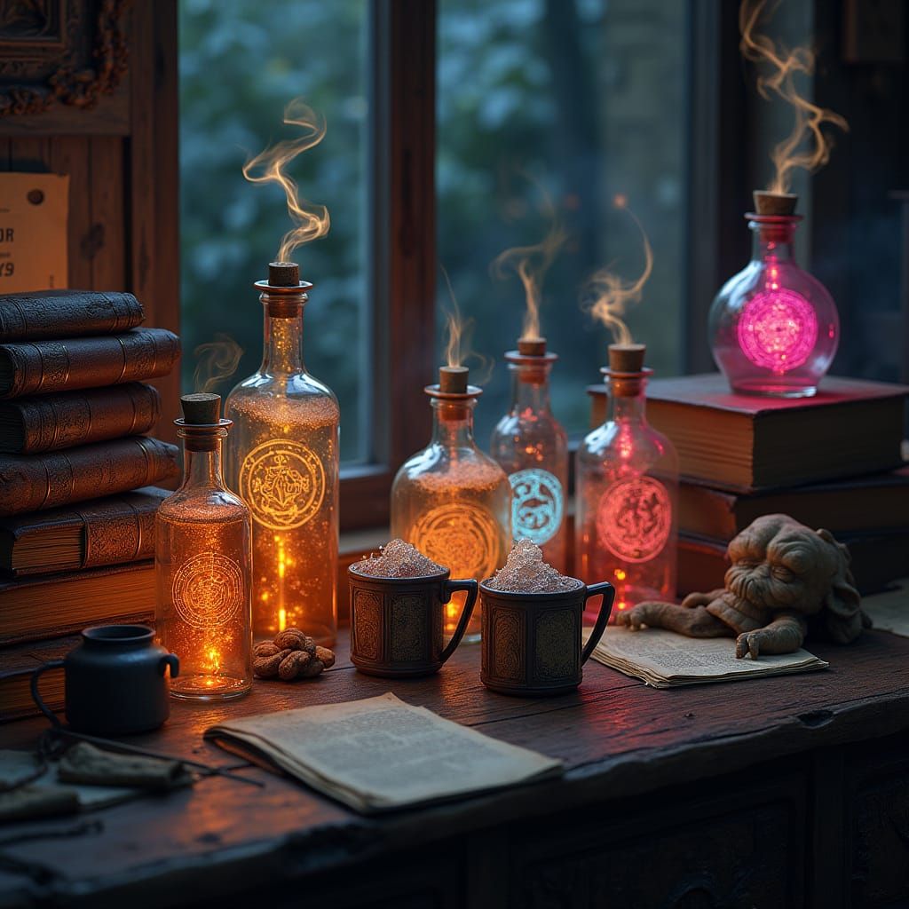Magical Alchemy Counter with Glowing Potions and Spellbooks