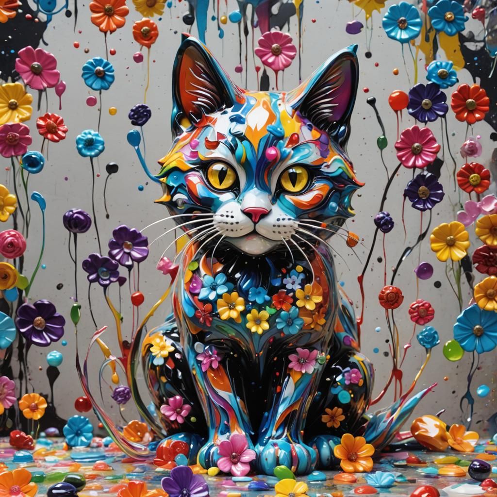 Colorful Glass Cat Sculpture Graffiti Art