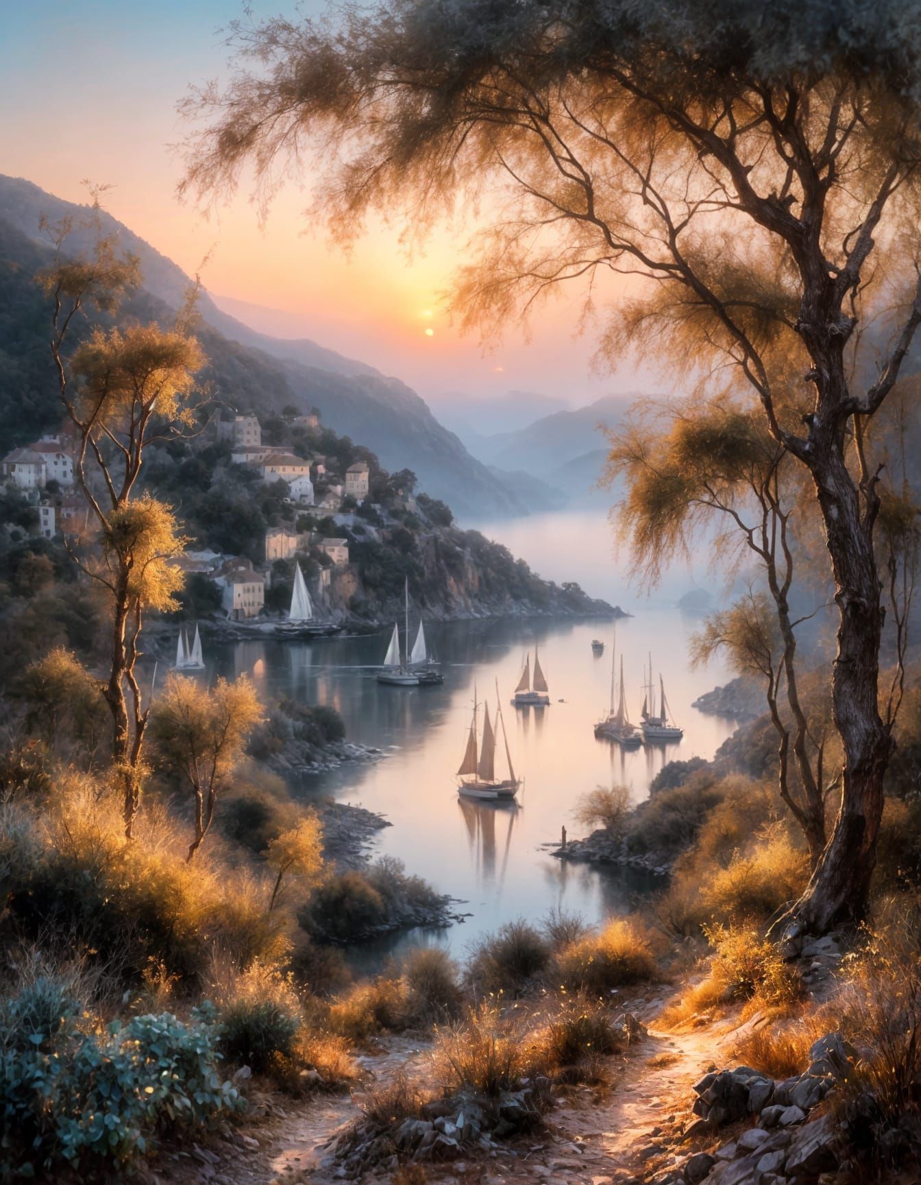 Hyperrealistic Oil Painting of Mountain Valley at Dawn